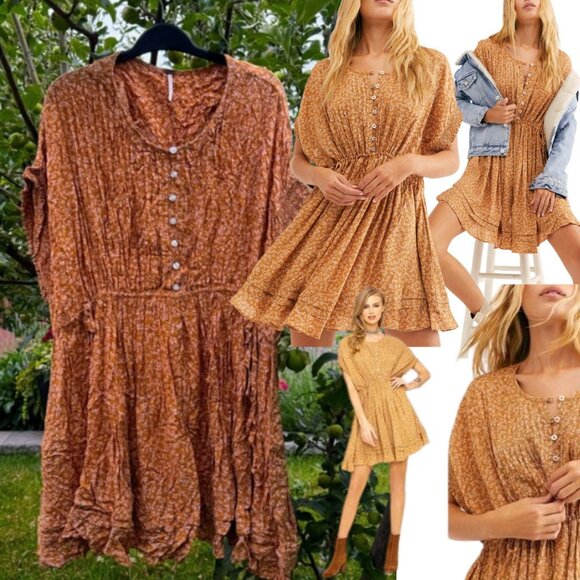 FREE PEOPLE One Fine Day Mini Dress, Milk Chocolate Combo Floral - Sz L - Picture 1 of 16